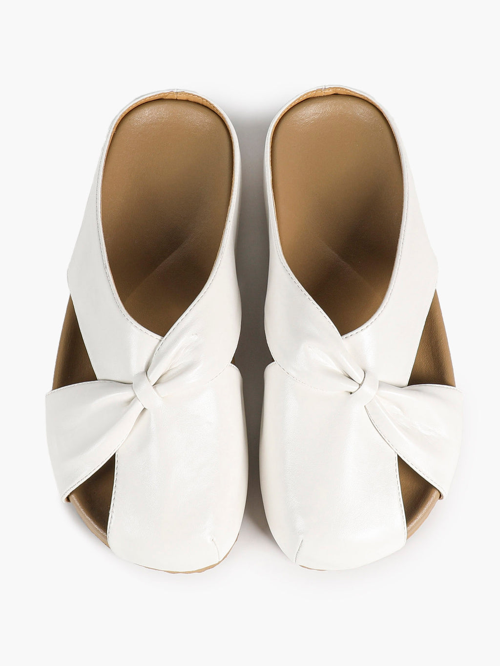 Women's White Faux Leather Knot Flat Mules Open Toe Slip-On Slide Sandals