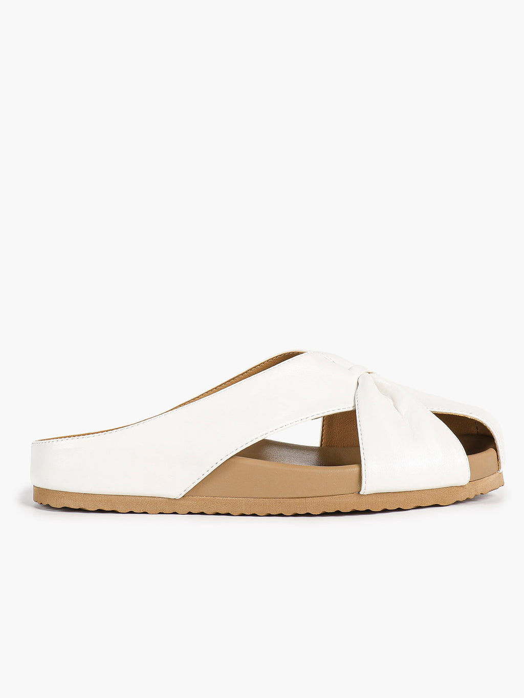 Women's White Faux Leather Knot Flat Mules Open Toe Slip-On Slide Sandals