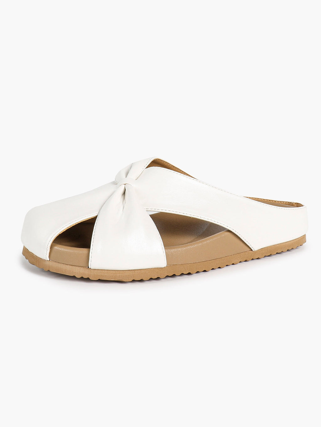 Women's White Faux Leather Knot Flat Mules Open Toe Slip-On Slide Sandals