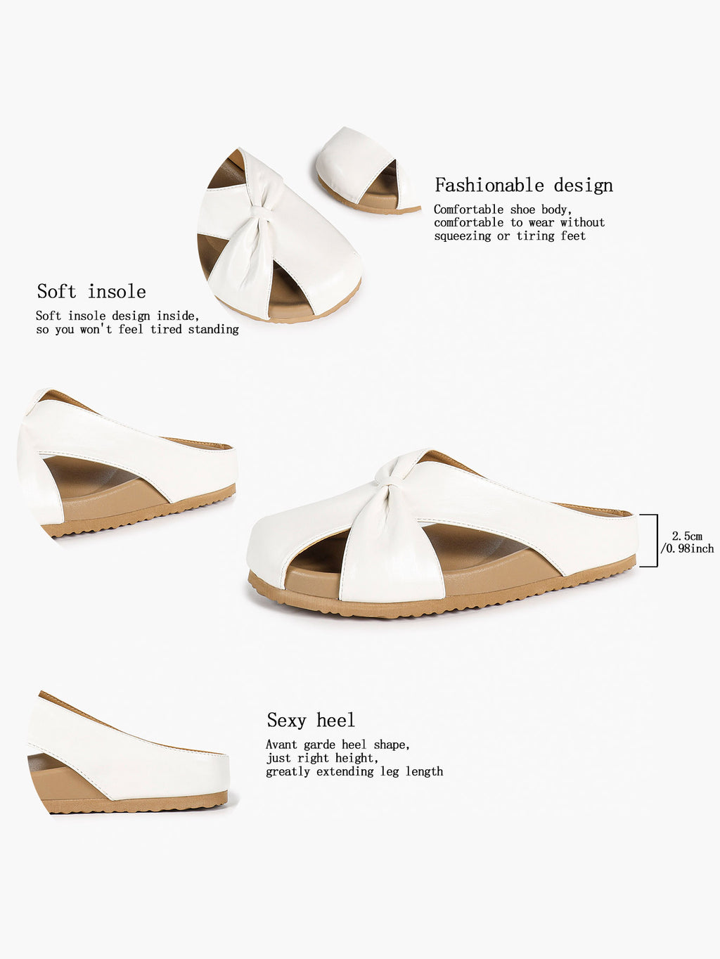 Women's White Faux Leather Knot Flat Mules Open Toe Slip-On Slide Sandals