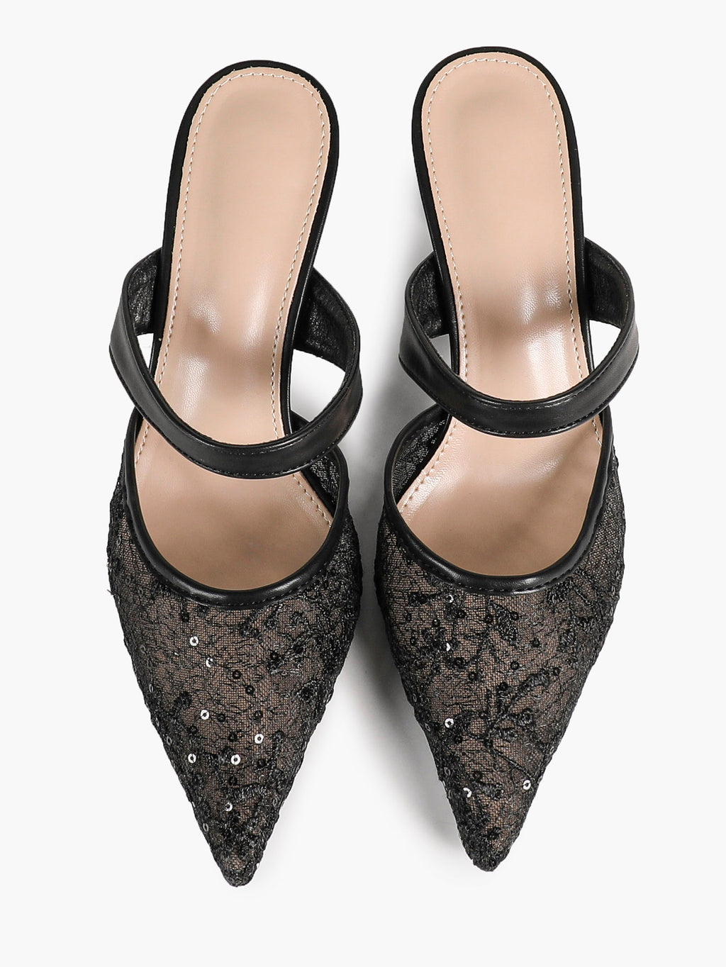White Floral Lace Mule Heels Pointed Toe Kitten Heel Slip On Dress Shoes Wedding Party