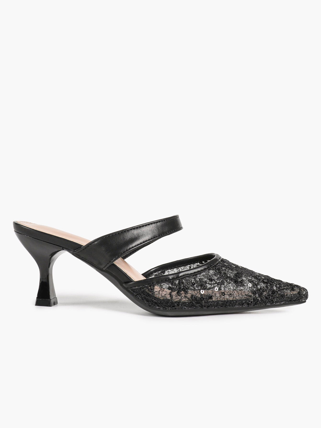 White Floral Lace Mule Heels Pointed Toe Kitten Heel Slip On Dress Shoes Wedding Party