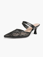 White Floral Lace Mule Heels Pointed Toe Kitten Heel Slip On Dress Shoes Wedding Party
