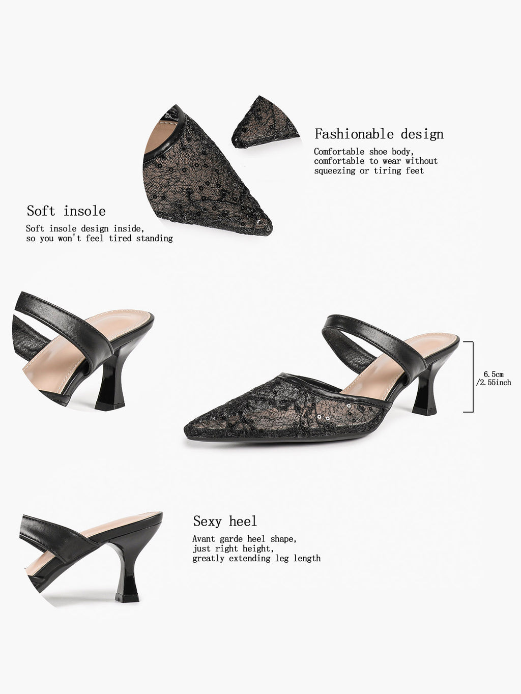 White Floral Lace Mule Heels Pointed Toe Kitten Heel Slip On Dress Shoes Wedding Party