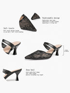 White Floral Lace Mule Heels Pointed Toe Kitten Heel Slip On Dress Shoes Wedding Party