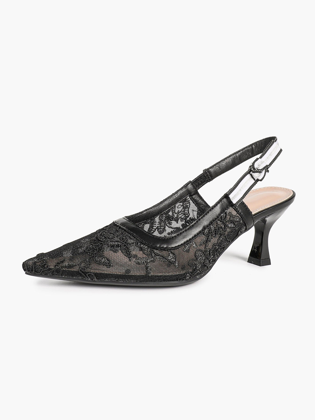 Women's Lace Slingback Heels Pointed Toe Kitten Heel Pumps Elegant Shoes