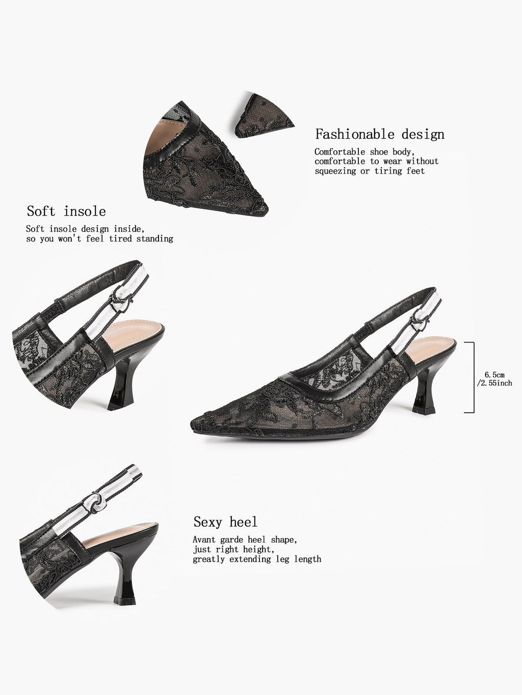 Women's Lace Slingback Heels Pointed Toe Kitten Heel Pumps Elegant Shoes