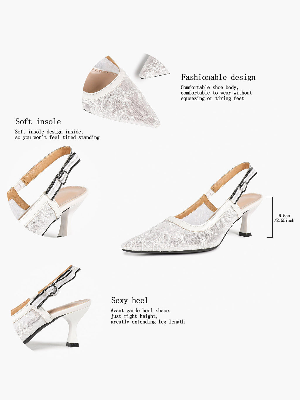 Women's Lace Slingback Heels Pointed Toe Kitten Heel Pumps Elegant Shoes