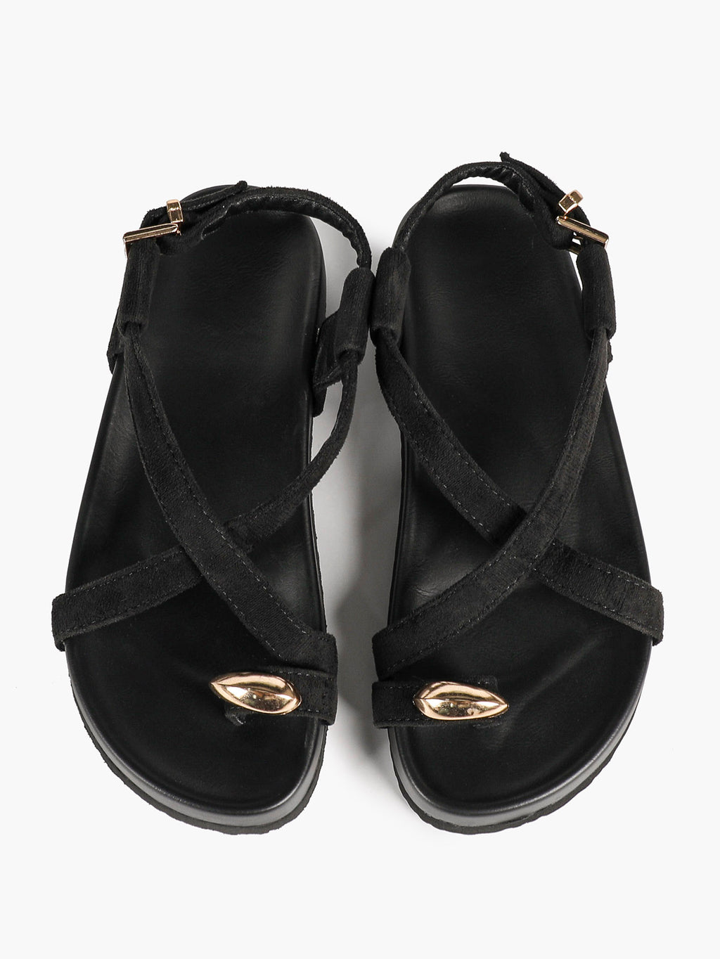 Black Suede Toe Loop Platform Sandals, Ankle Strap with Gold Buckle Daily Wear