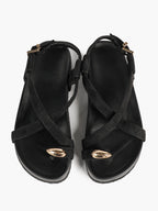 Black Suede Toe Loop Platform Sandals, Ankle Strap with Gold Buckle Daily Wear