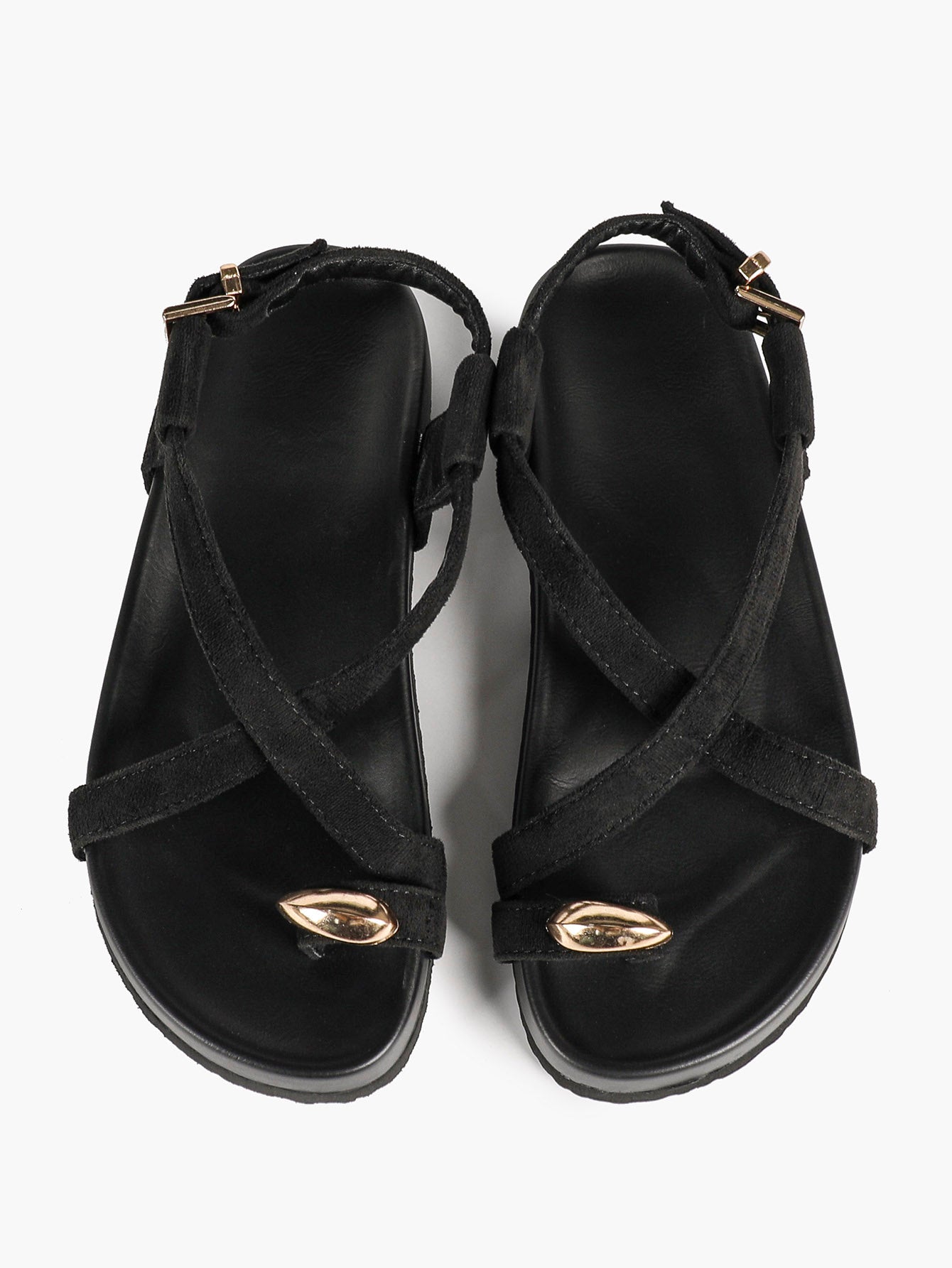 Black Suede Toe Loop Platform Sandals, Ankle Strap with Gold Buckle Daily Wear