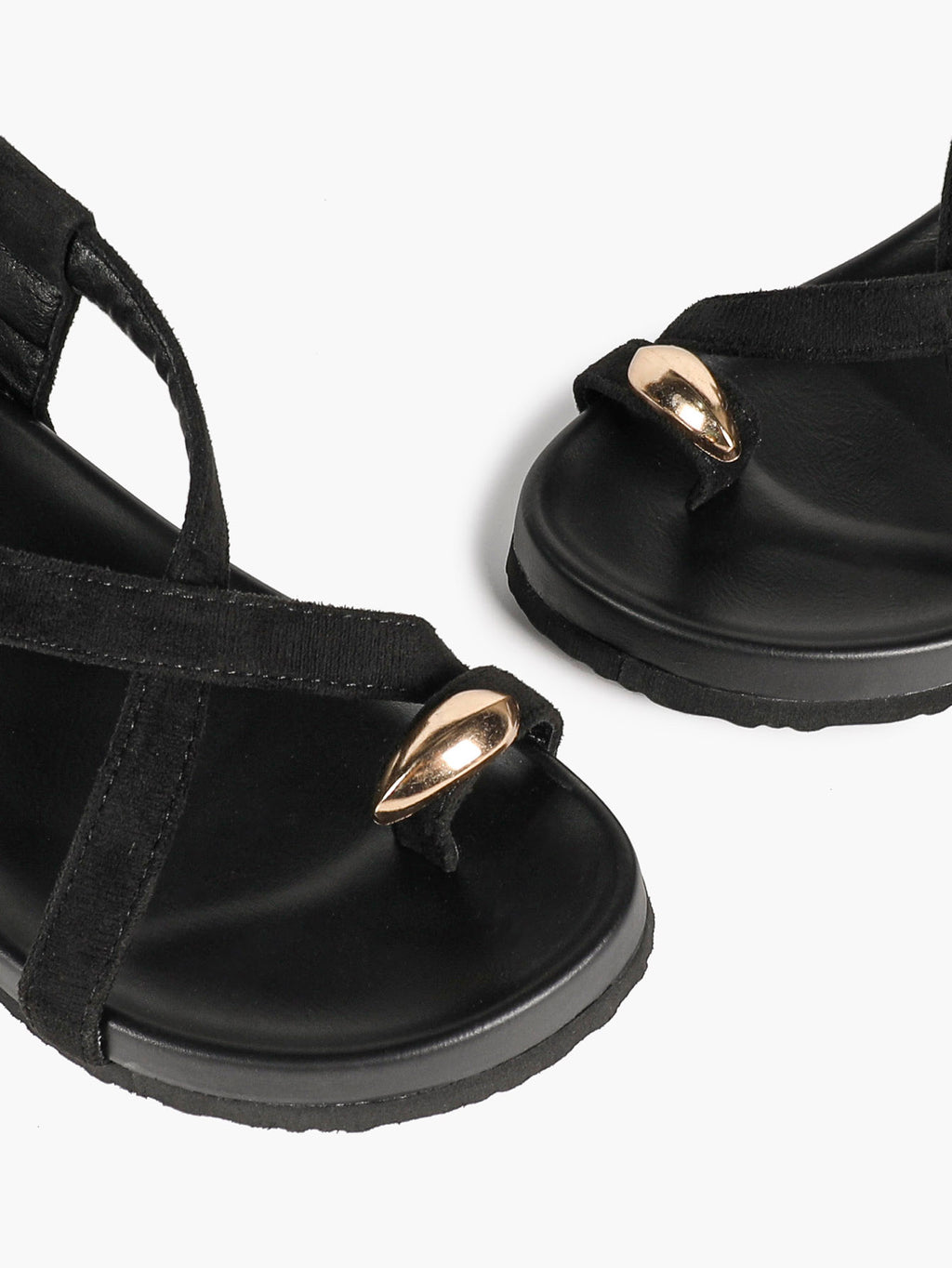 Black Suede Toe Loop Platform Sandals, Ankle Strap with Gold Buckle Daily Wear