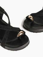Black Suede Toe Loop Platform Sandals, Ankle Strap with Gold Buckle Daily Wear