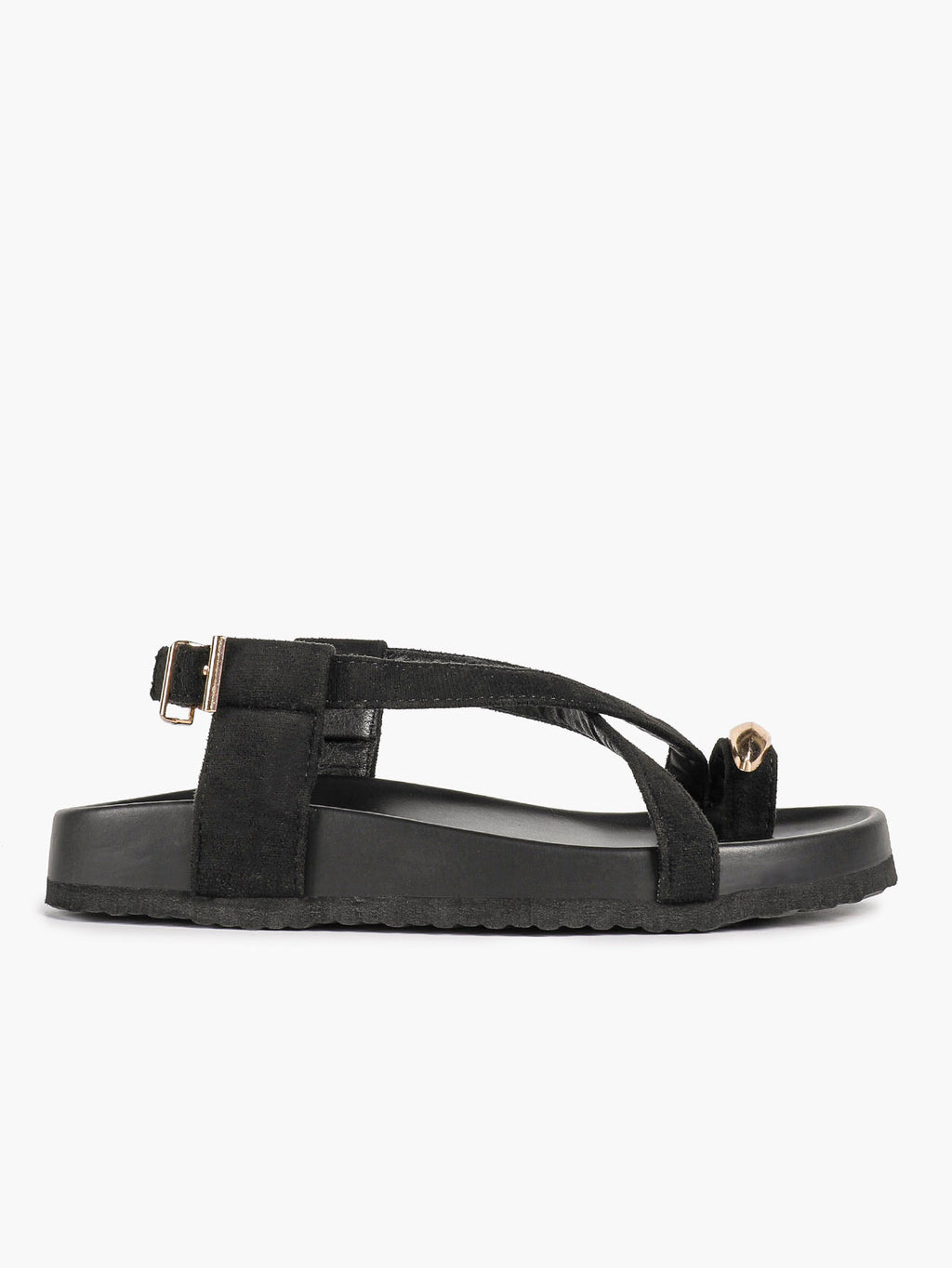 Black Suede Toe Loop Platform Sandals, Ankle Strap with Gold Buckle Daily Wear