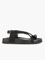 Black Suede Toe Loop Platform Sandals, Ankle Strap with Gold Buckle Daily Wear