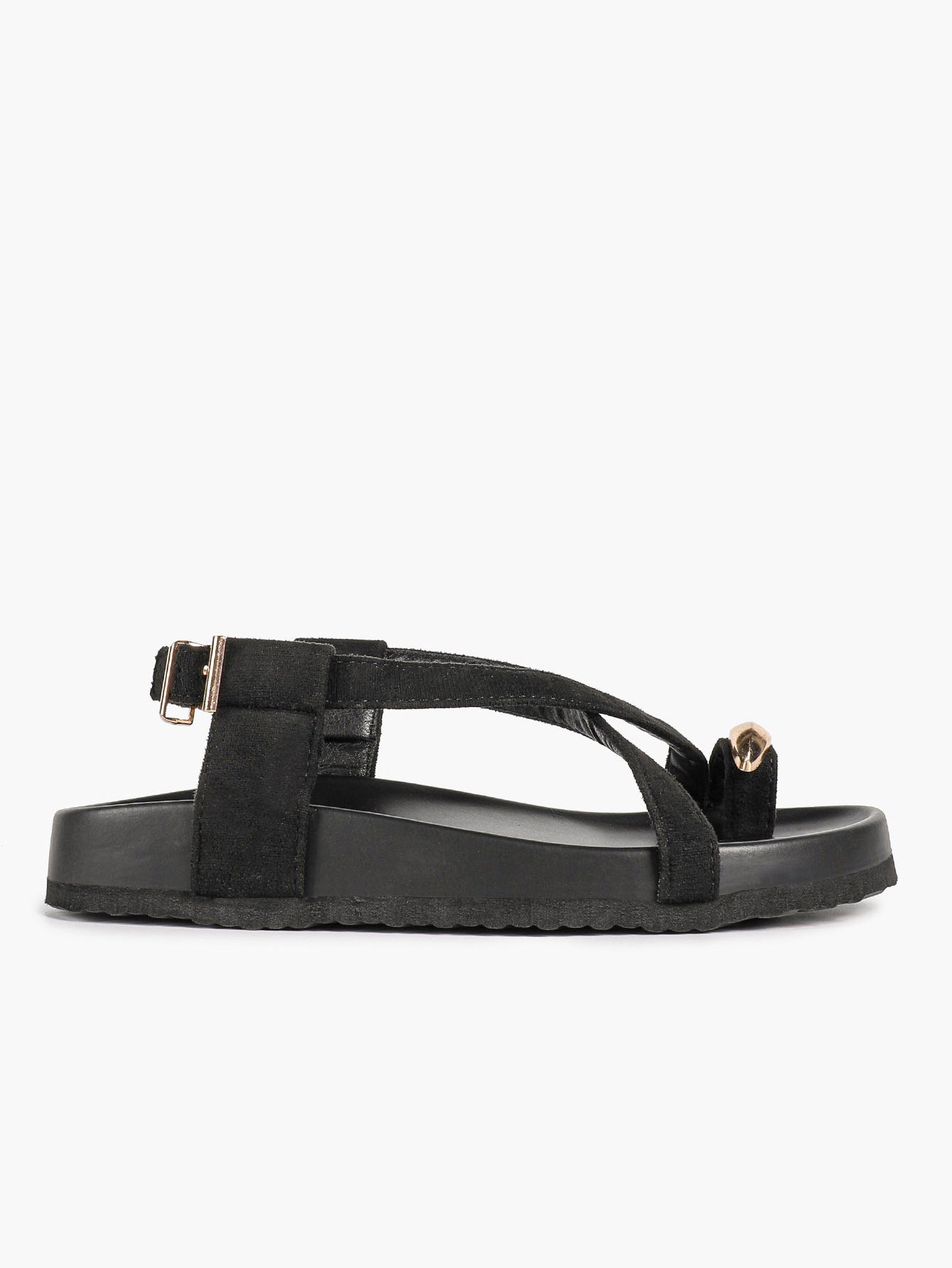 Black Suede Toe Loop Platform Sandals, Ankle Strap with Gold Buckle Daily Wear
