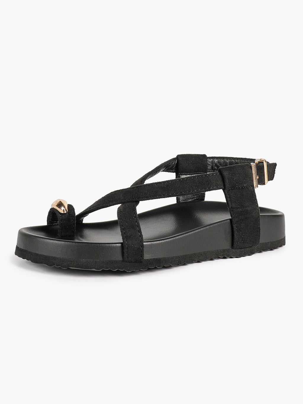 Black Suede Toe Loop Platform Sandals, Ankle Strap with Gold Buckle Daily Wear