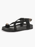 Black Suede Toe Loop Platform Sandals, Ankle Strap with Gold Buckle Daily Wear