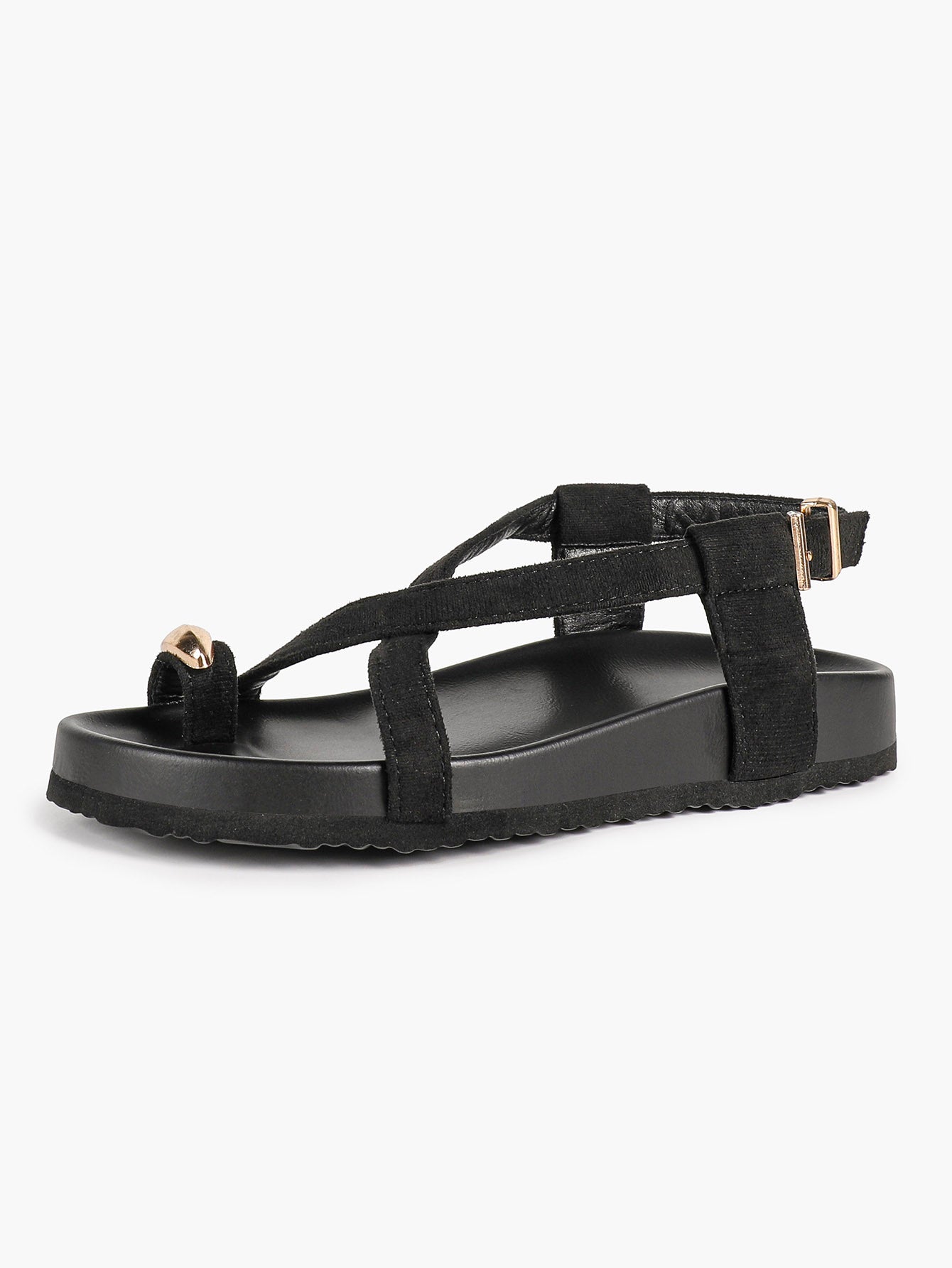 Black Suede Toe Loop Platform Sandals, Ankle Strap with Gold Buckle Daily Wear