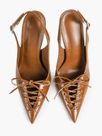 Women's Burgundy Patent Leather Lace-Up Pointed Toe Stiletto Heels with Bow Party Evening