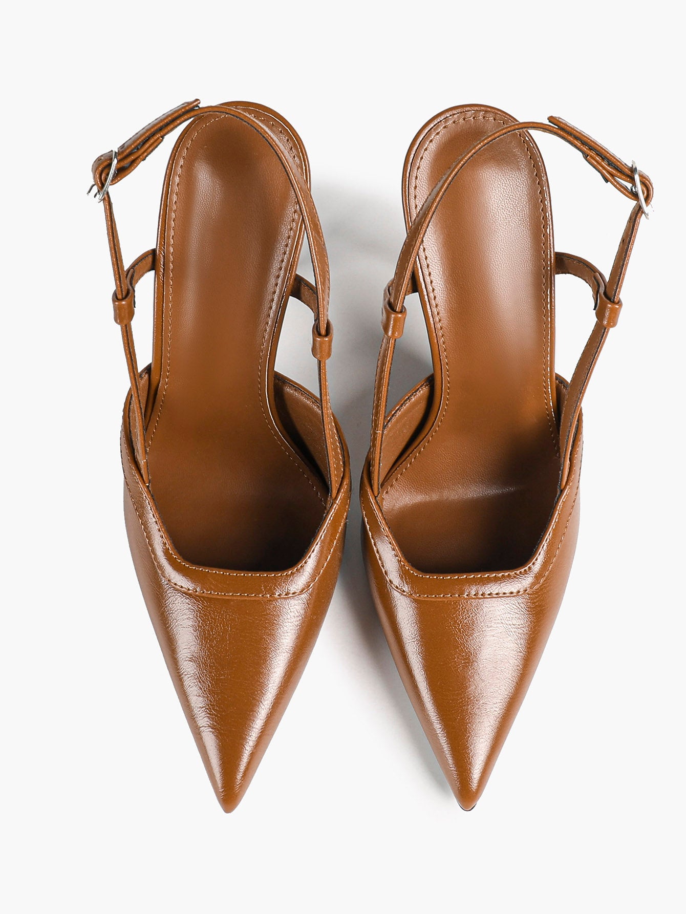 Brown Slingback Heels Pointed Toe Stiletto Pumps with T-Strap Office Business Meeting