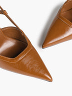 Brown Slingback Heels Pointed Toe Stiletto Pumps with T-Strap Office Business Meeting