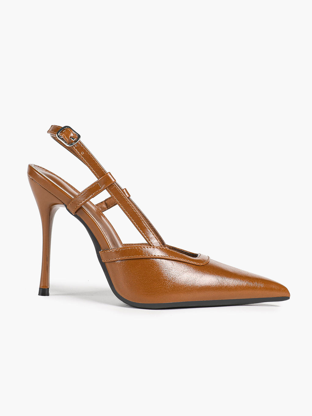 Brown Slingback Heels Pointed Toe Stiletto Pumps with T-Strap Office Business Meeting