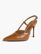 Brown Slingback Heels Pointed Toe Stiletto Pumps with T-Strap Office Business Meeting