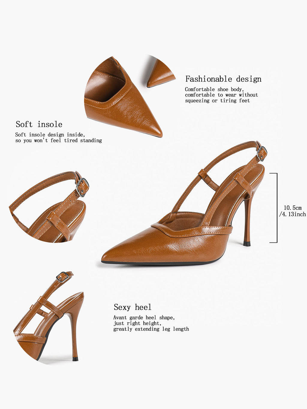 Brown Slingback Heels Pointed Toe Stiletto Pumps with T-Strap Office Business Meeting