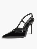 Brown Slingback Heels Pointed Toe Stiletto Pumps with T-Strap Office Business Meeting