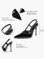 Brown Slingback Heels Pointed Toe Stiletto Pumps with T-Strap Office Business Meeting