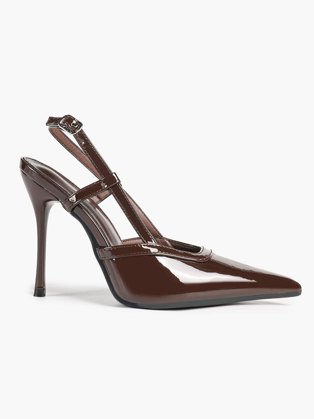 Brown Slingback Heels Pointed Toe Stiletto Pumps with T-Strap Office Business Meeting