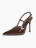 Brown Slingback Heels Pointed Toe Stiletto Pumps with T-Strap Office Business Meeting