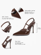 Brown Slingback Heels Pointed Toe Stiletto Pumps with T-Strap Office Business Meeting
