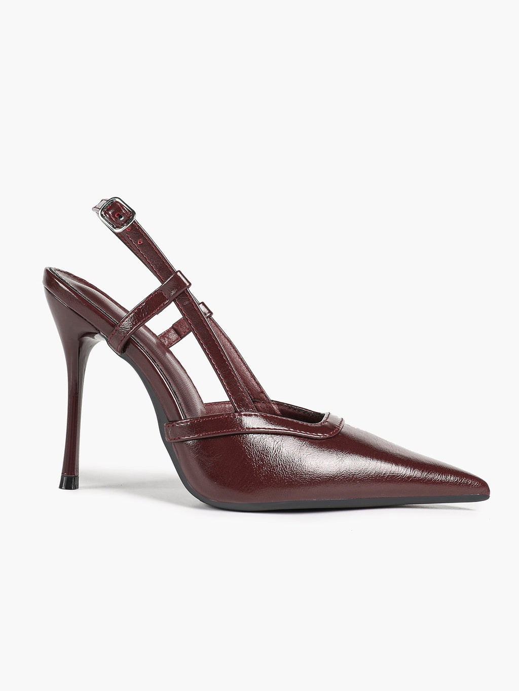 Brown Slingback Heels Pointed Toe Stiletto Pumps with T-Strap Office Business Meeting