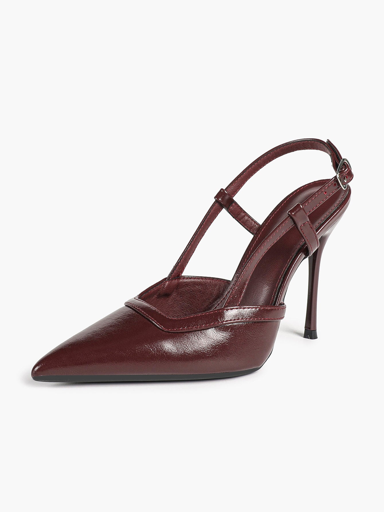 Brown Slingback Heels Pointed Toe Stiletto Pumps with T-Strap Office Business Meeting