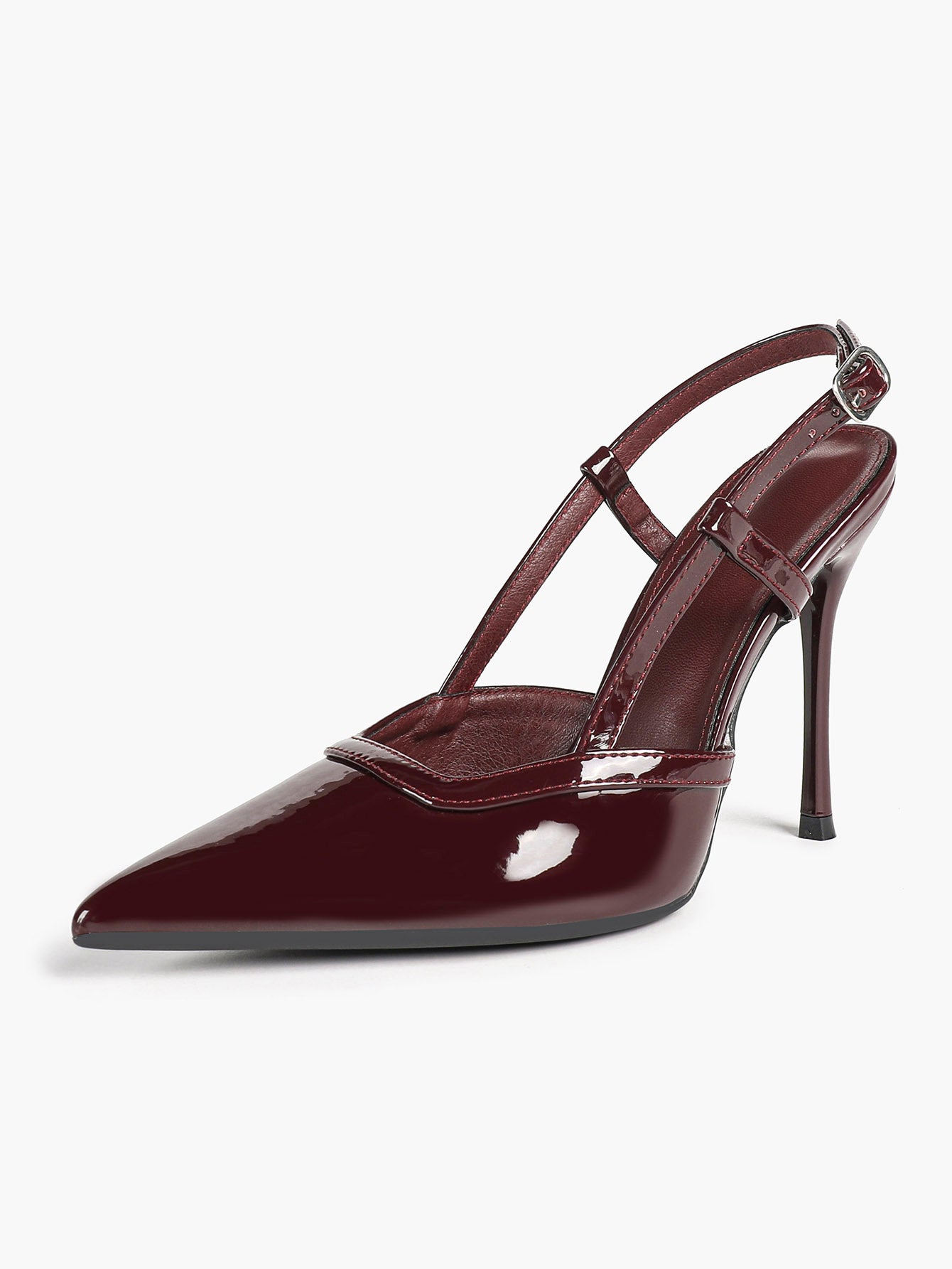 Brown Slingback Heels Pointed Toe Stiletto Pumps with T-Strap Office Business Meeting