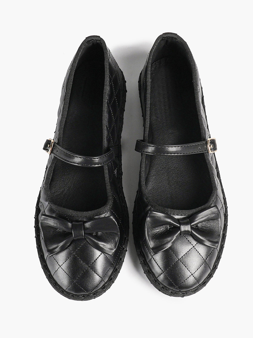 Black Quilted Leather Mary Jane Flats Bow Detail Slip On Shoes Casual Shoes ISHIFIVAN