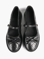 Black Quilted Leather Mary Jane Flats Bow Detail Slip On Shoes Casual Shoes ISHIFIVAN