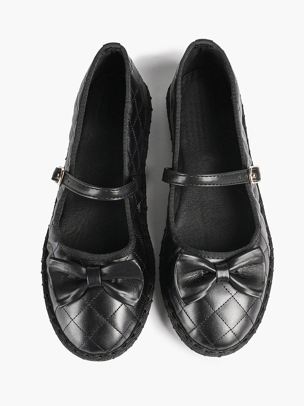 Black Quilted Leather Mary Jane Flats Bow Detail Slip On Shoes Casual Shoes ISHIFIVAN