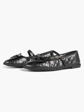 Black Quilted Leather Mary Jane Flats Bow Detail Slip On Shoes Casual Shoes ISHIFIVAN