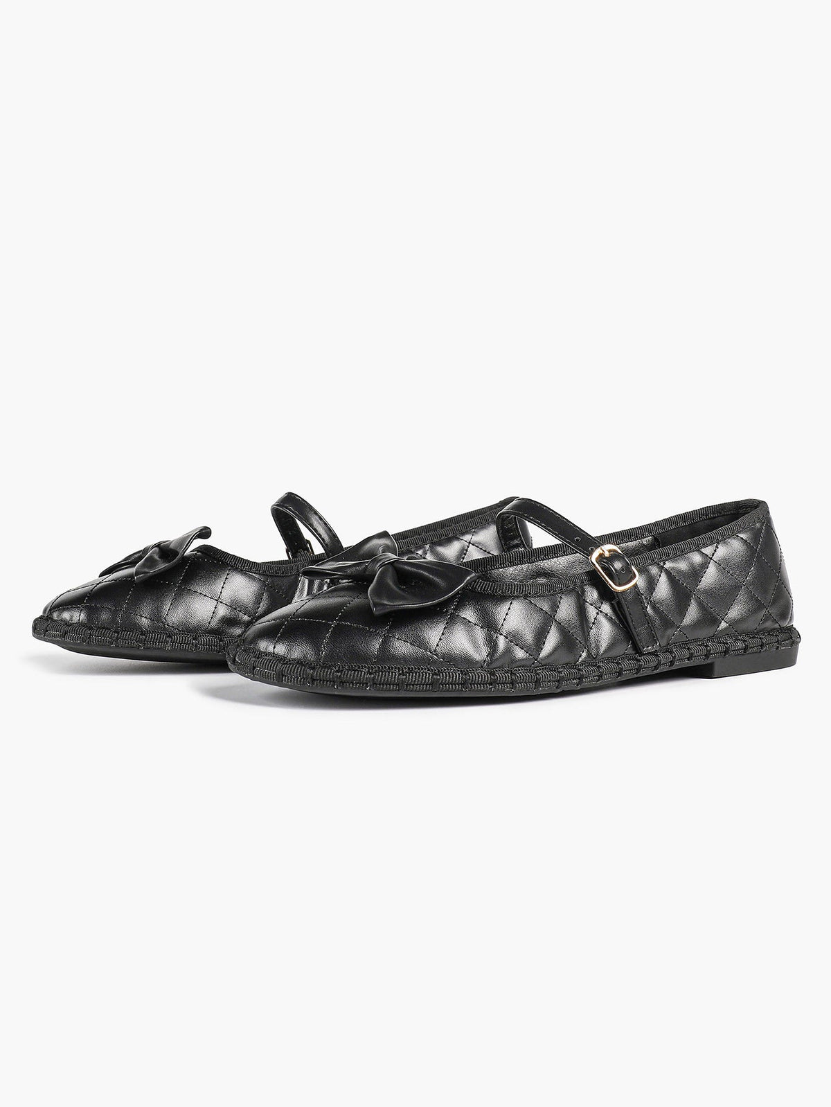 Black Quilted Leather Mary Jane Flats Bow Detail Slip On Shoes Casual Shoes ISHIFIVAN