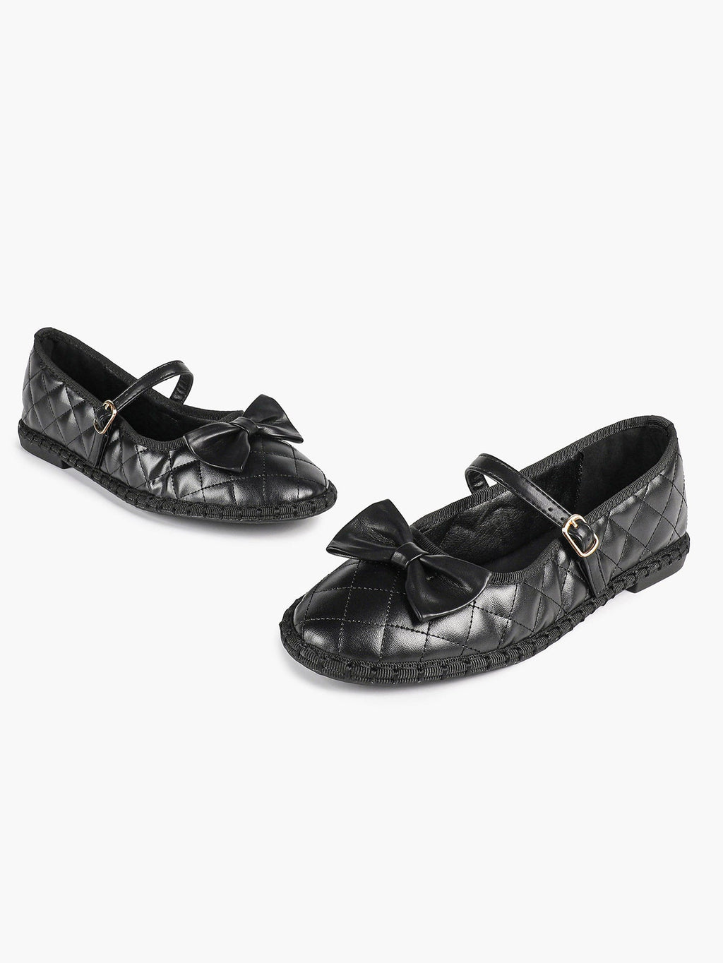 Black Quilted Leather Mary Jane Flats Bow Detail Slip On Shoes Casual Shoes ISHIFIVAN
