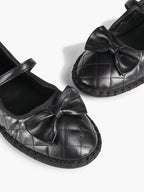 Black Quilted Leather Mary Jane Flats Bow Detail Slip On Shoes Casual Shoes ISHIFIVAN
