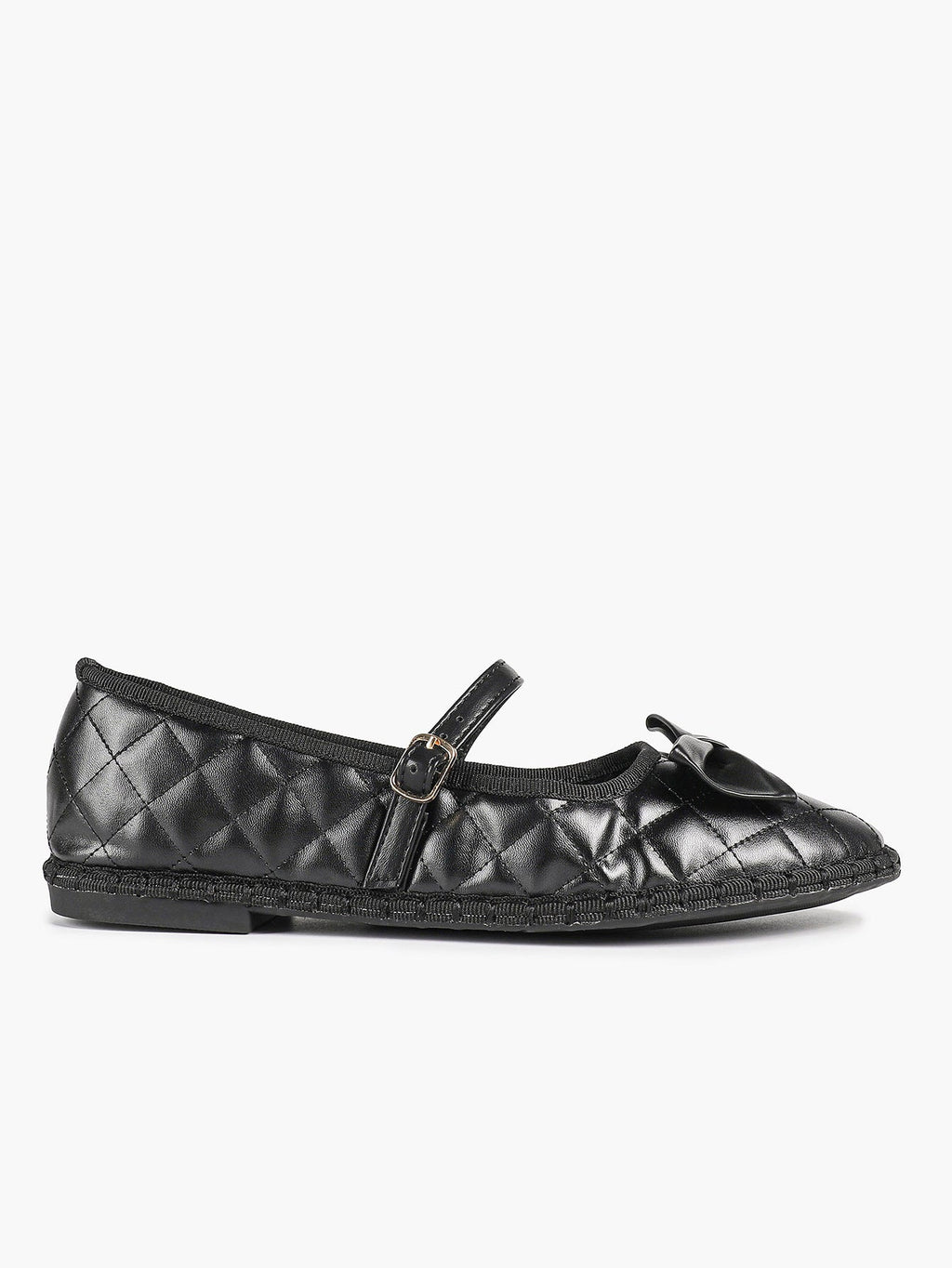 Black Quilted Leather Mary Jane Flats Bow Detail Slip On Shoes Casual Shoes ISHIFIVAN
