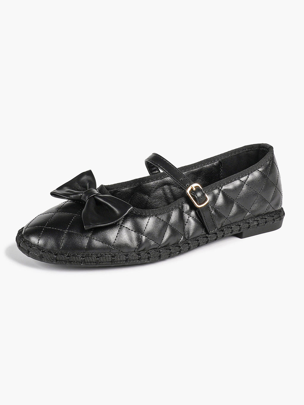 Black Quilted Leather Mary Jane Flats Bow Detail Slip On Shoes Casual Shoes ISHIFIVAN