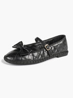 Black Quilted Leather Mary Jane Flats Bow Detail Slip On Shoes Casual Shoes ISHIFIVAN