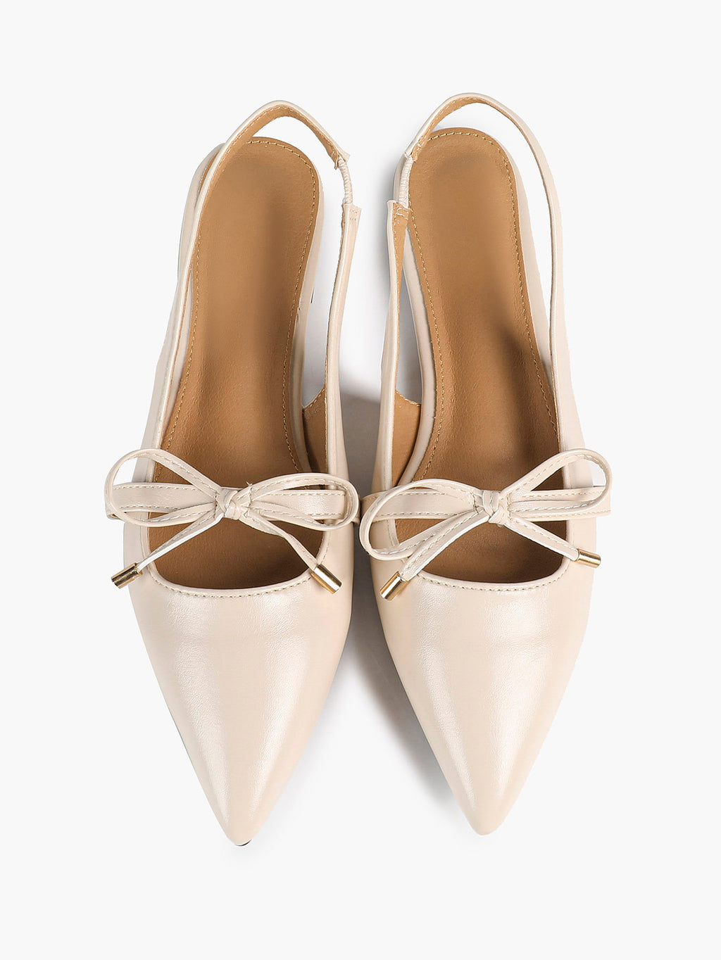 Beige Leather Bow Slingback Flats Pointed Toe Slip On Shoes Work Daily Wear