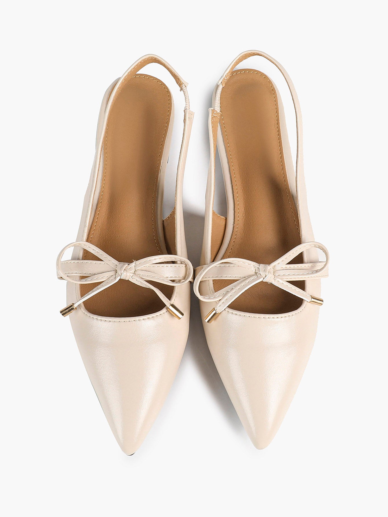 Beige Leather Bow Slingback Flats Pointed Toe Slip On Shoes Work Daily Wear