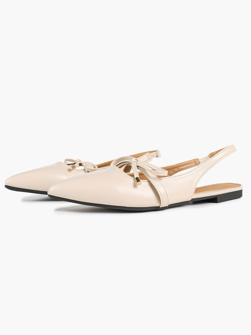 Beige Leather Bow Slingback Flats Pointed Toe Slip On Shoes Work Daily Wear